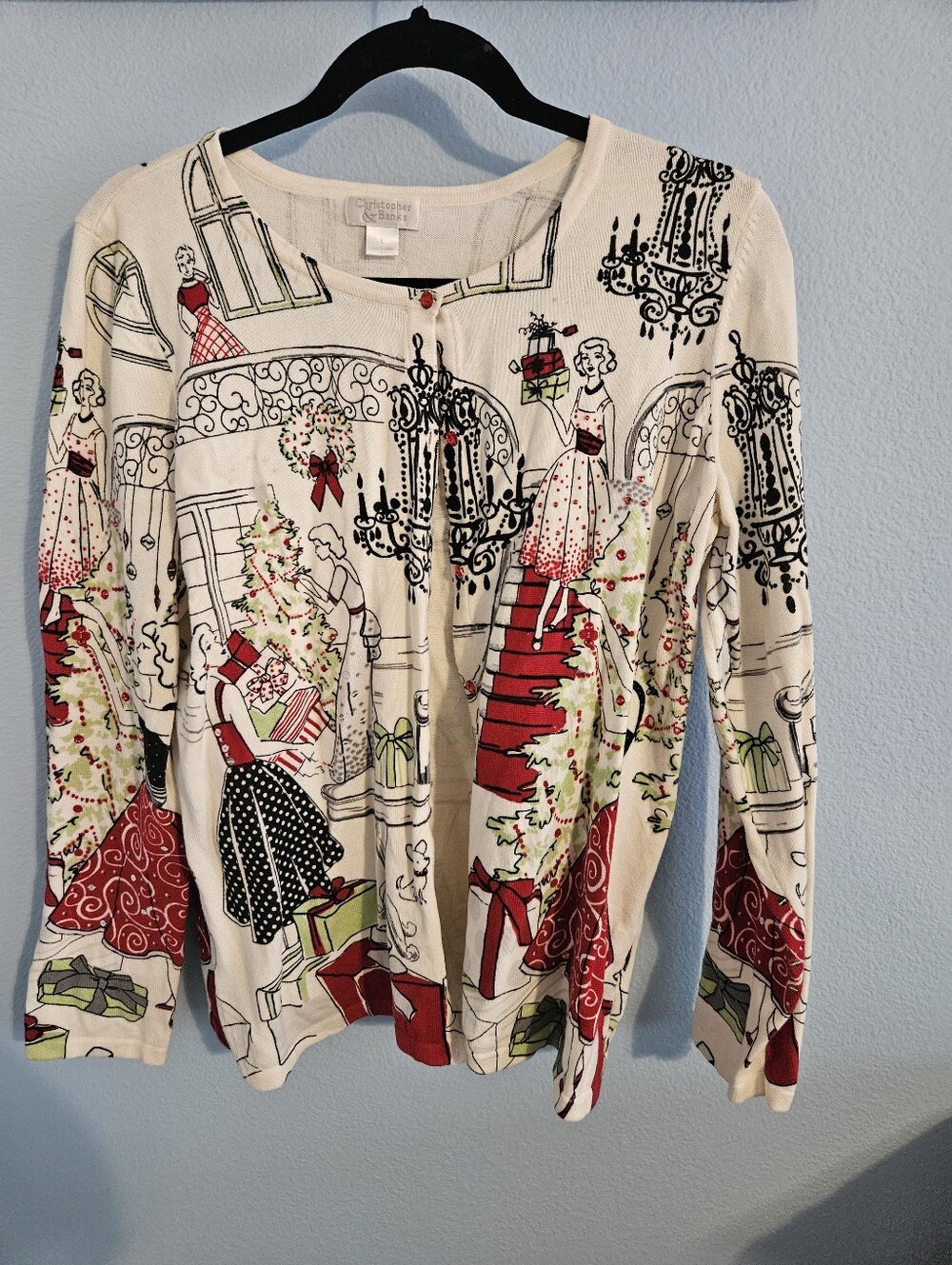 Christopher & Banks White Holiday Scene Cardigan with Red & Green Accents